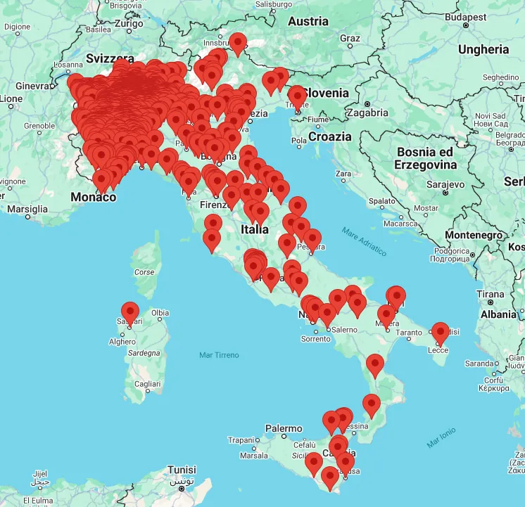 Mappa d'Italia con i punti degli impianti BT