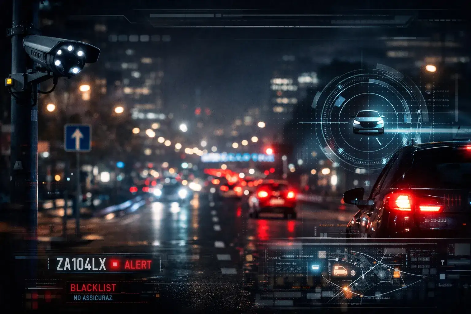 Strada di notte con telecamera di lettura targhe